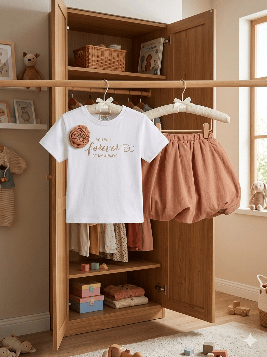 Kız Çocuk Kahverengi Gül Detaylı Tshirt-Balon Etek Takım