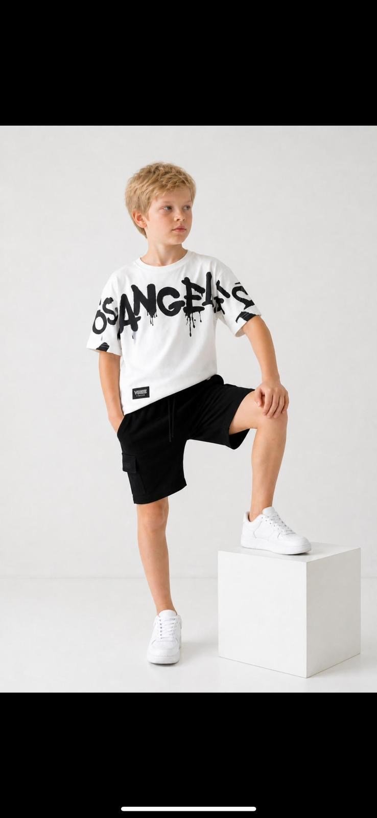 Los Angales Siyah-Beyaz Erkek Çocuk Tshirt-Şort Takım
