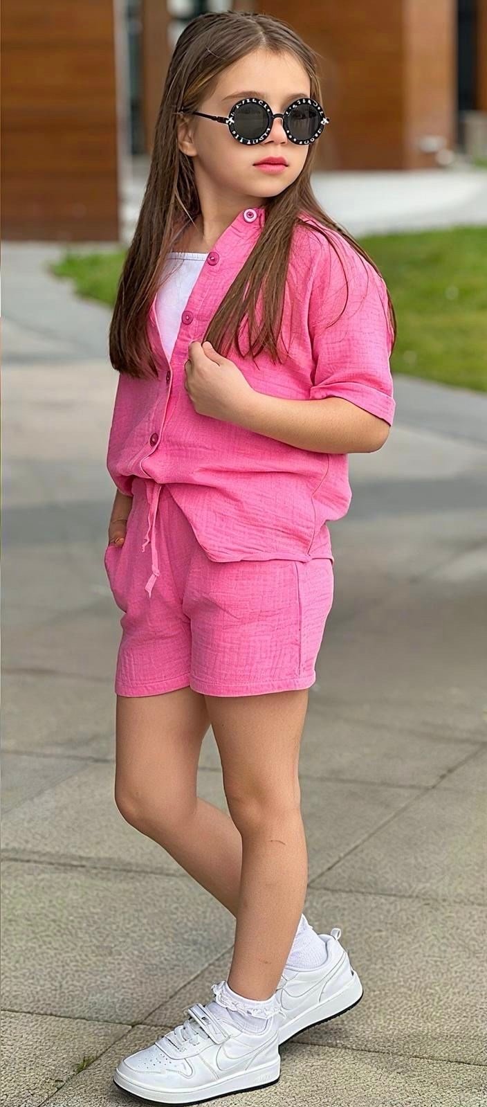 Pembe %100Pamuk Müslin Gömlek-Tshirt-Şort Takım