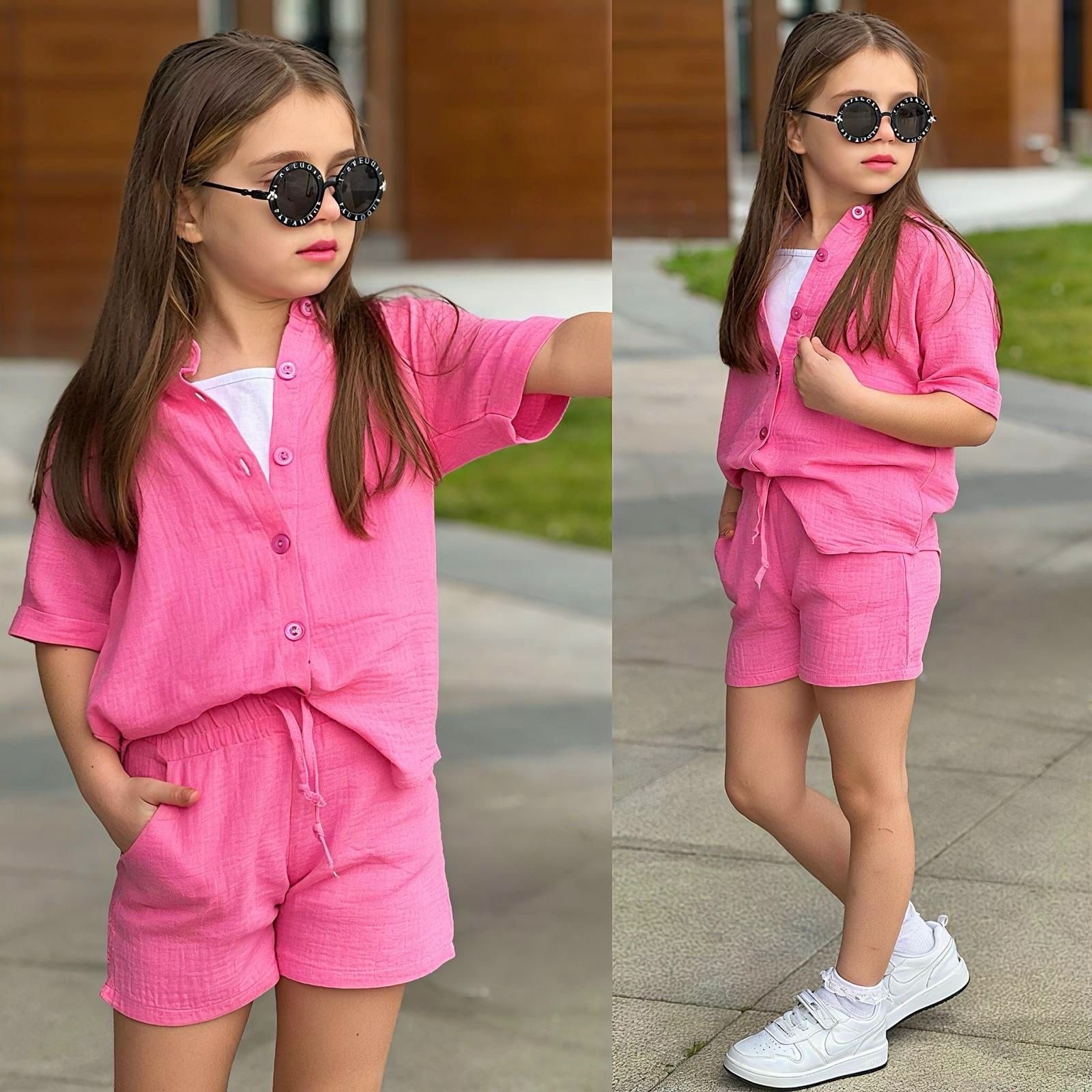 Pembe %100Pamuk Müslin Gömlek-Tshirt-Şort Takım