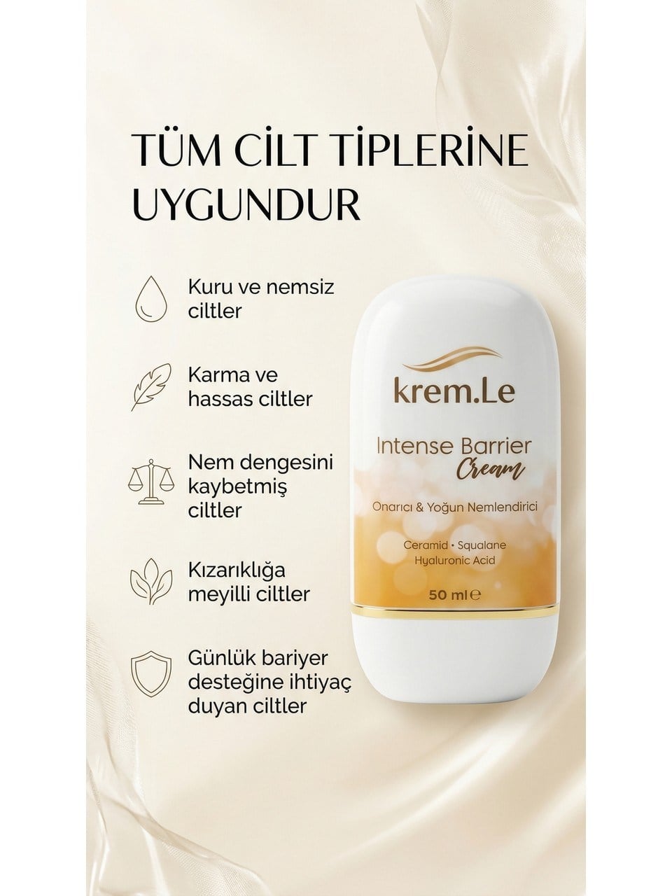 Hassas Ciltler İçin Seramid & Hyalüronik Asit Kızarıklık Karşıtı Onarıcı Nemlendirici Bariyer Kremi 50ml