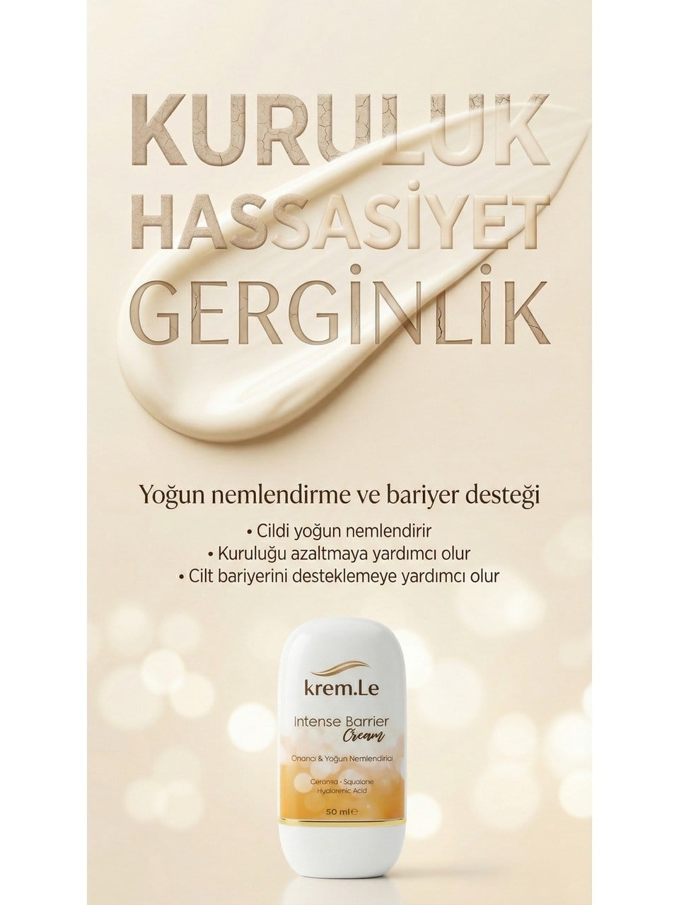 Hassas Ciltler İçin Seramid & Hyalüronik Asit Kızarıklık Karşıtı Onarıcı Nemlendirici Bariyer Kremi 50ml