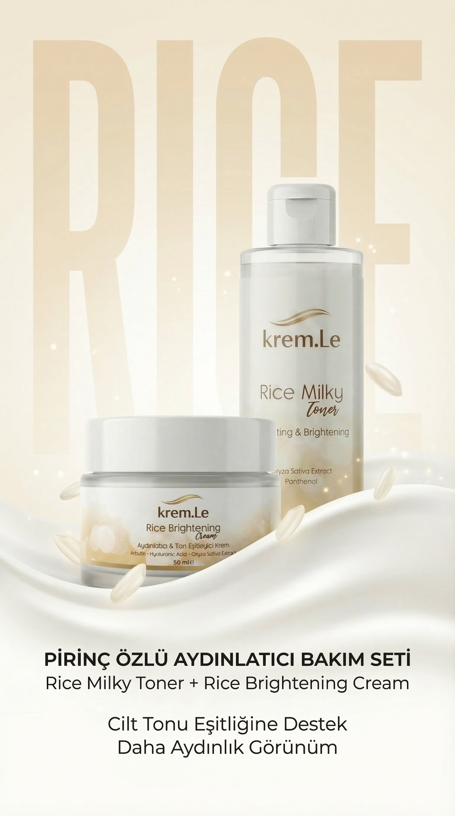 krem.Le Rice Brightening Cream & Rice Milky Toner - Aydınlatıcı Nemlendirici Pirinç Özlü Krem ve Tonik Set