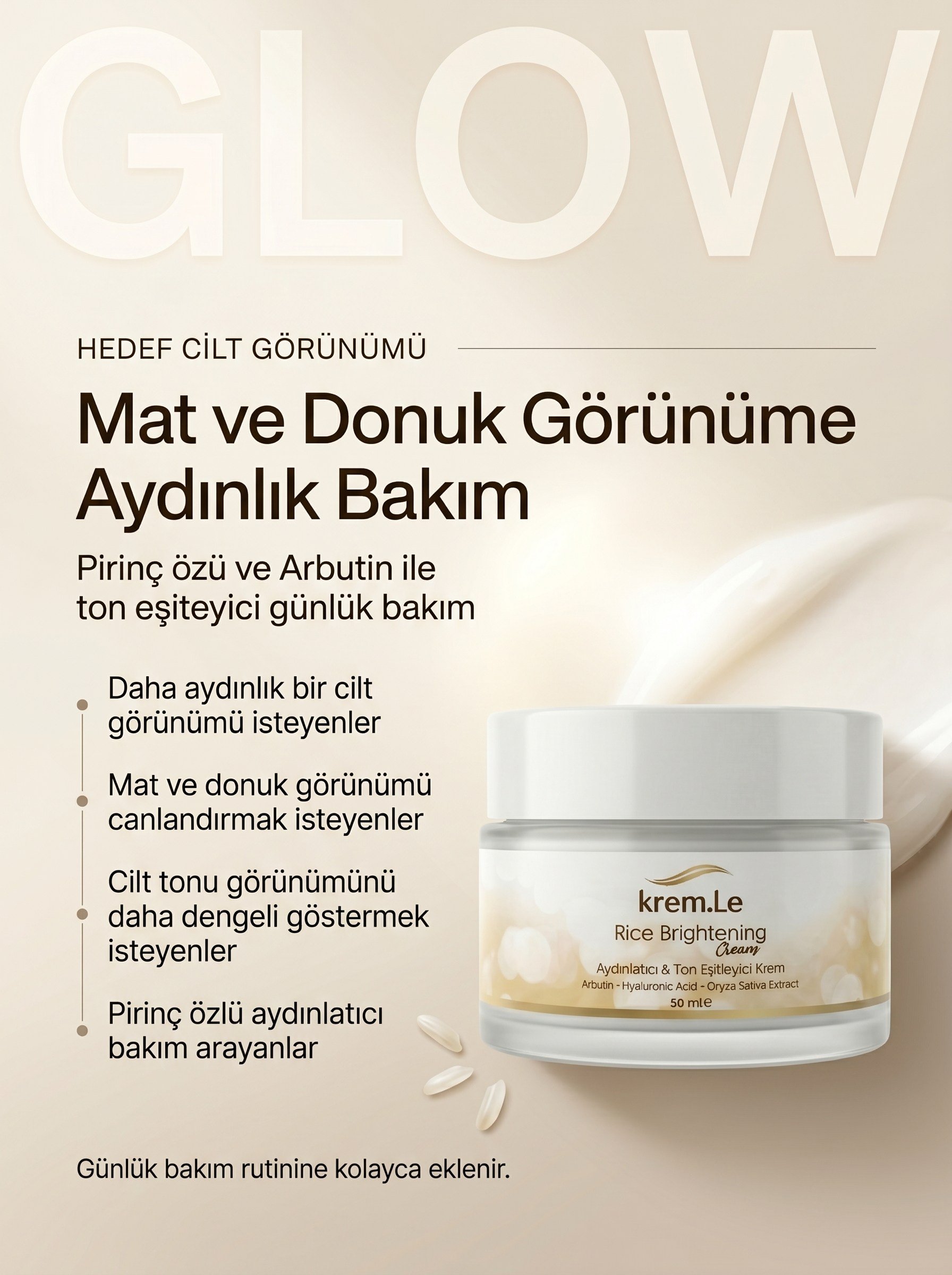 Pirinç Özlü Cilt Beyazlatıcı Aydınlatıcı Ton Eşitleyici Bakım Kremi | Rice Brightening Cream 50ml