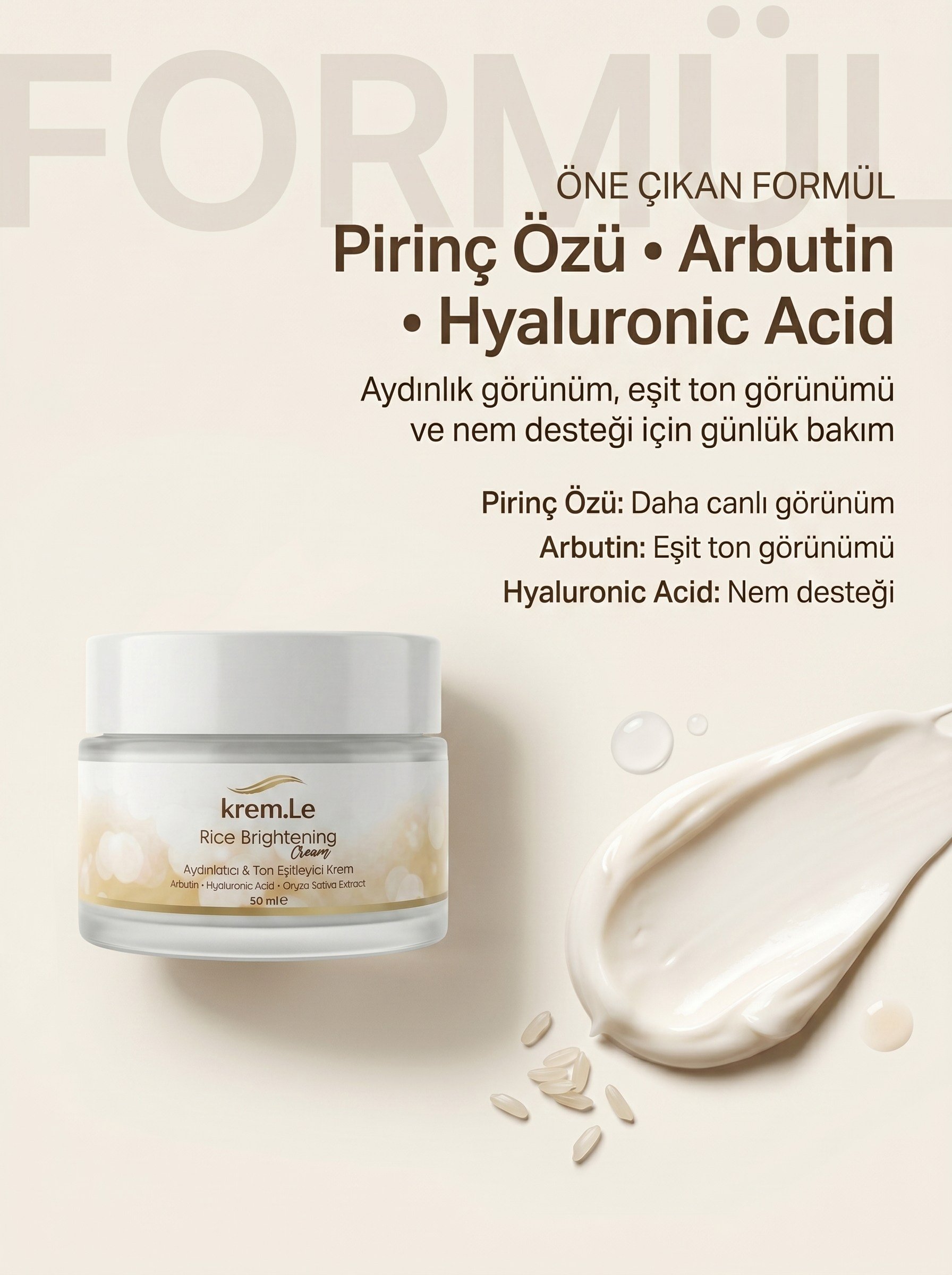 Pirinç Özlü Cilt Beyazlatıcı Aydınlatıcı Ton Eşitleyici Bakım Kremi | Rice Brightening Cream 50ml