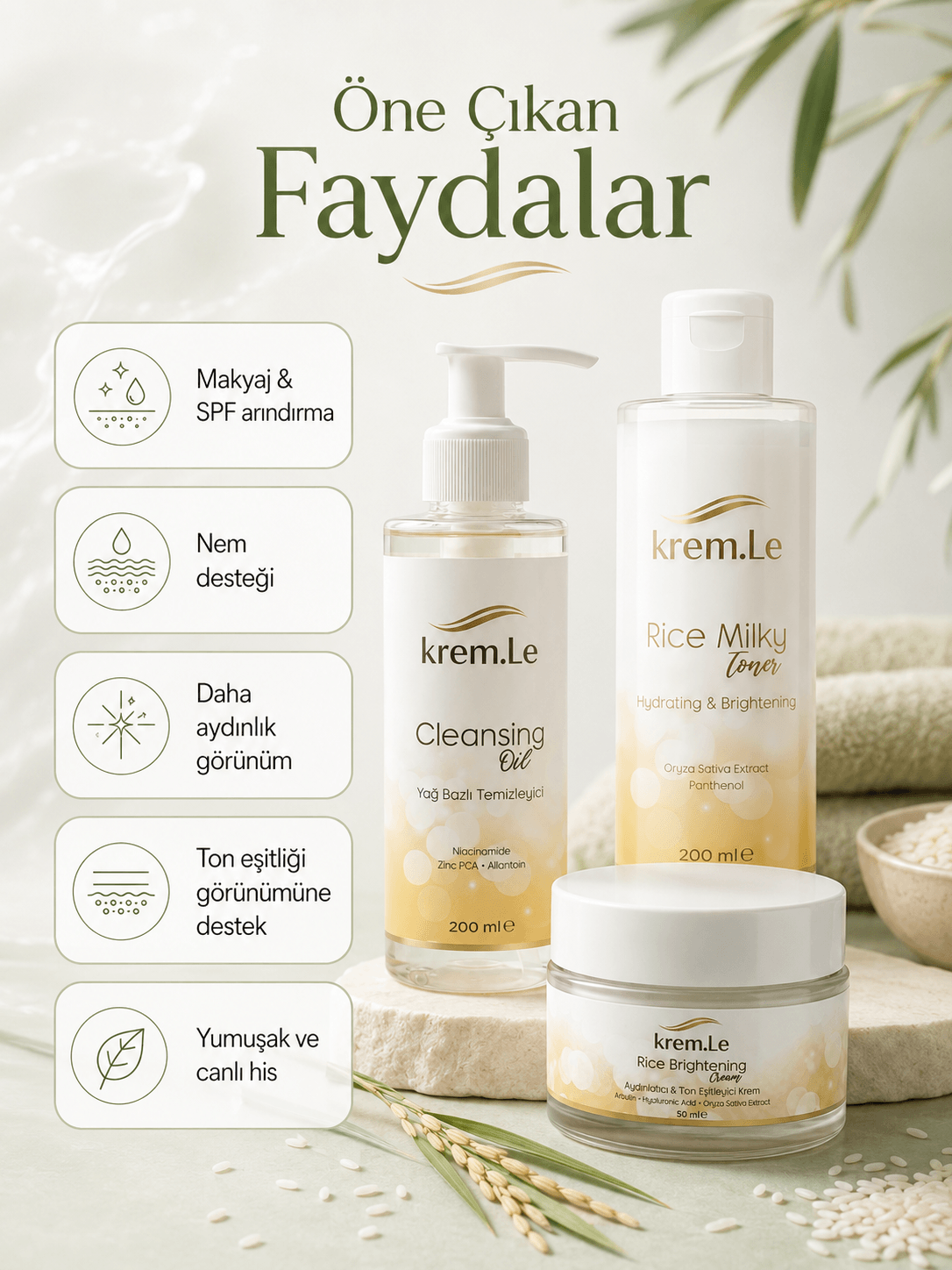 Rice Glow 3'lü Bakım Seti | Cleansing Oil + Rice Milky Toner + Rice Brightening Cream