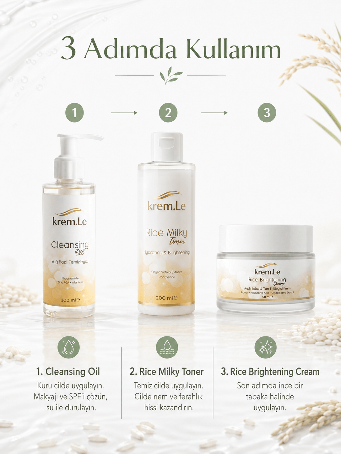 Rice Glow 3'lü Bakım Seti | Cleansing Oil + Rice Milky Toner + Rice Brightening Cream