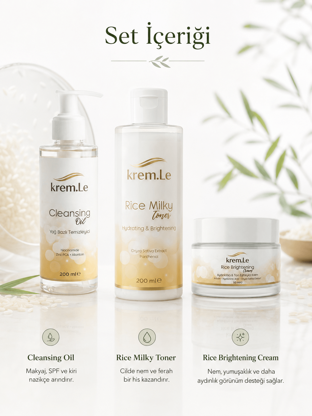 Rice Glow 3'lü Bakım Seti | Cleansing Oil + Rice Milky Toner + Rice Brightening Cream