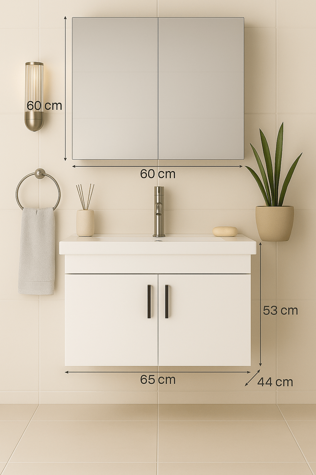 Luna 65 cm Aynalı ve Lavabolu Banyo Dolabı