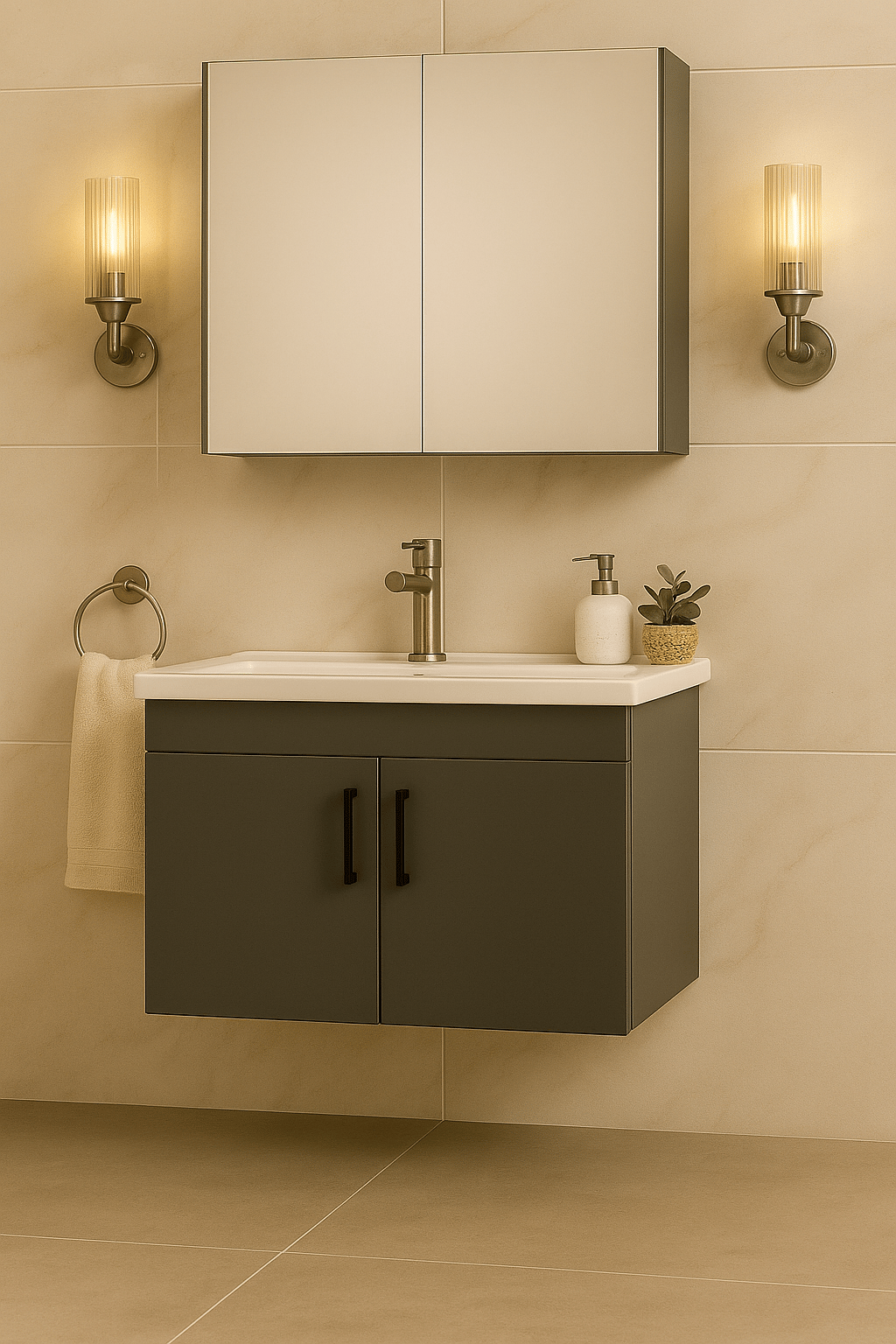 Luna 65 cm Aynalı ve Lavabolu Banyo Dolabı
