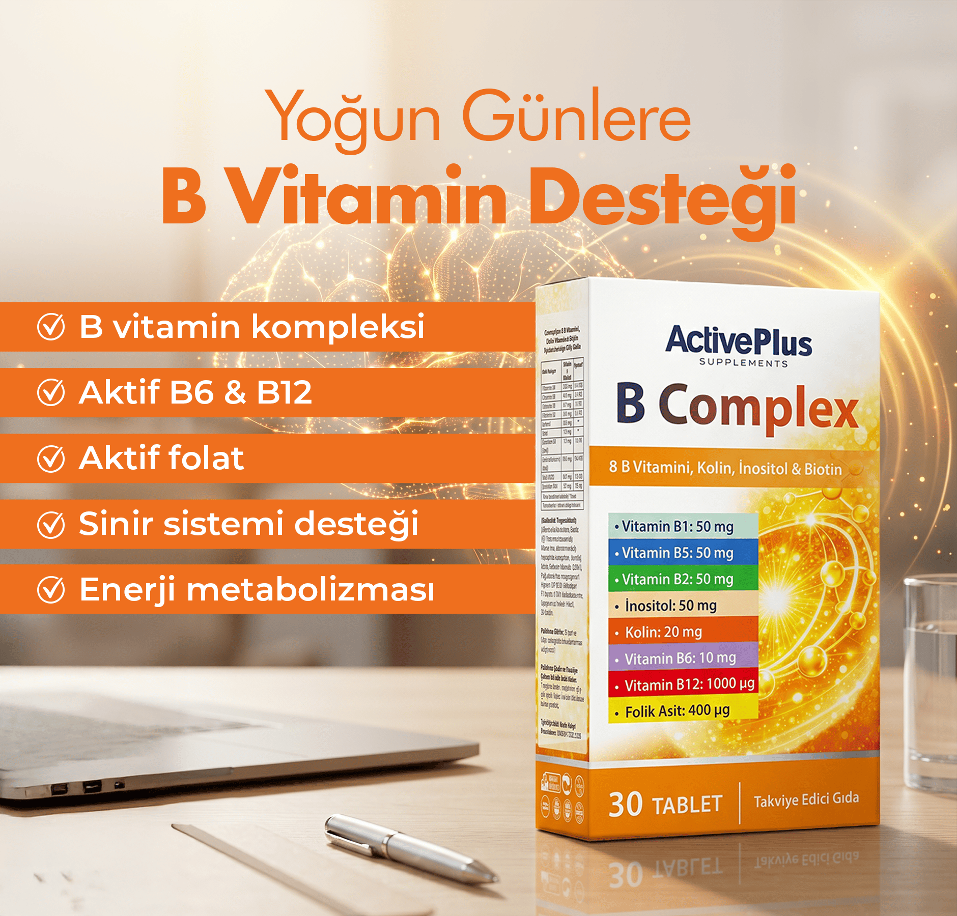 ActivePlus B Complex B1-B2-B3-B5-B6-B12 Folik Asit 30 Tablet