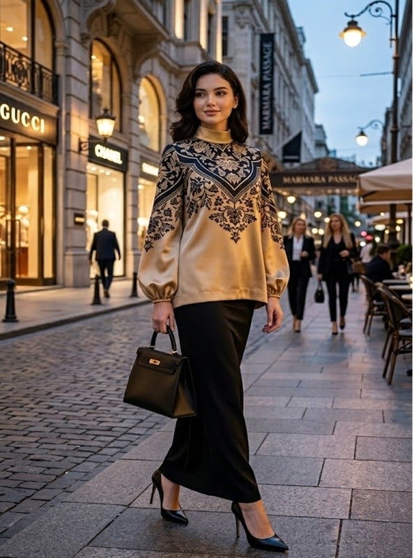 Altın Siyah Yaprak Desenli Jasmine Bluz