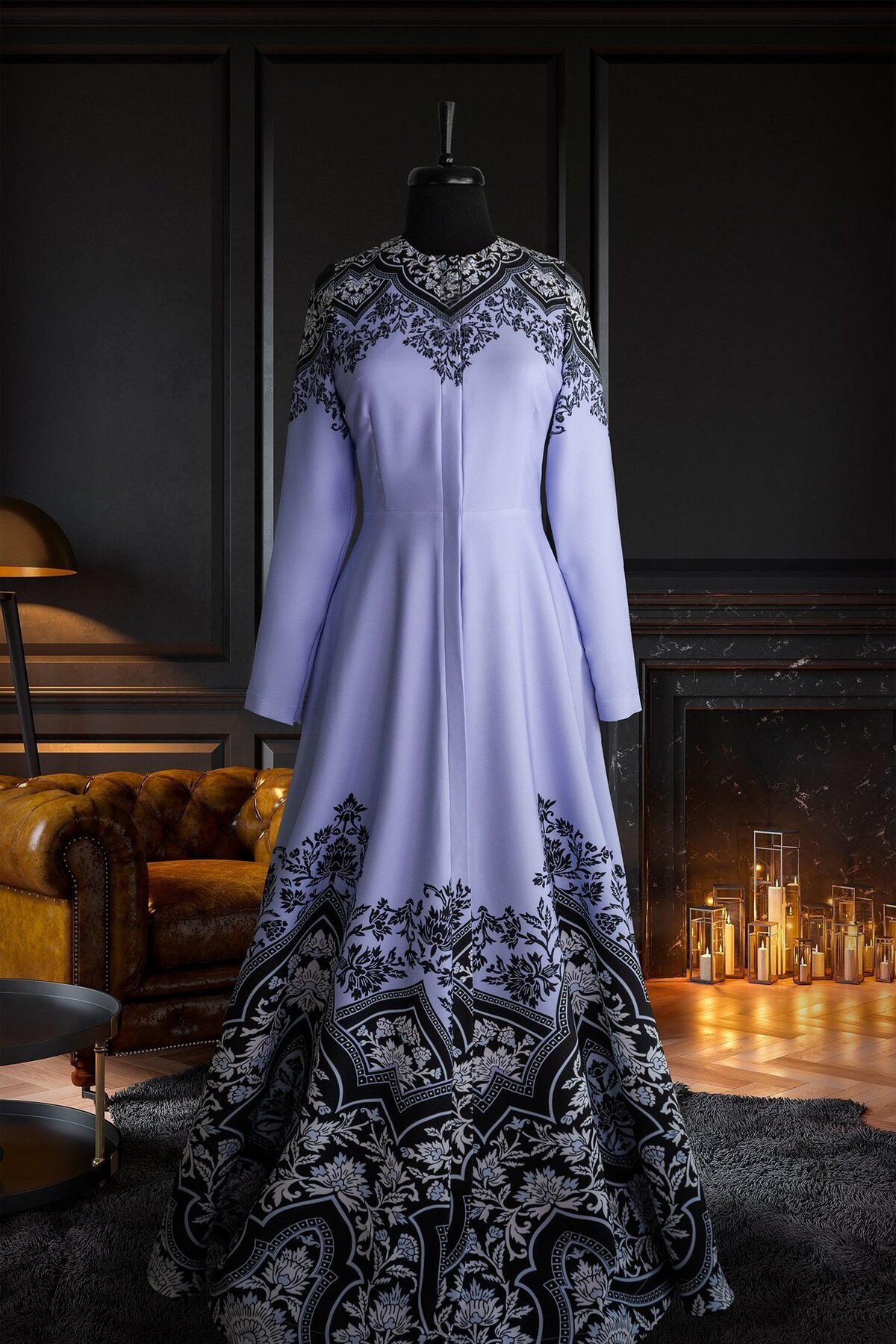 Blue Garden Yaprak Desenli Ayarlanabilir Bilekli Kadın Elbisesi