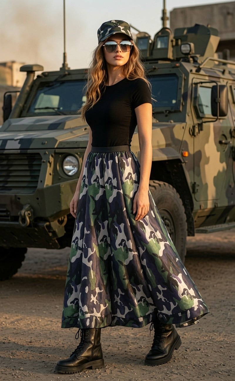 Camo Kamuflaj Çift Astarlı Fransız Şifon Kumaş Etek