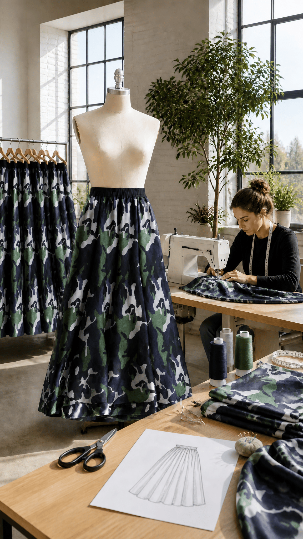 Camo Kamuflaj Çift Astarlı Fransız Şifon Kumaş Etek