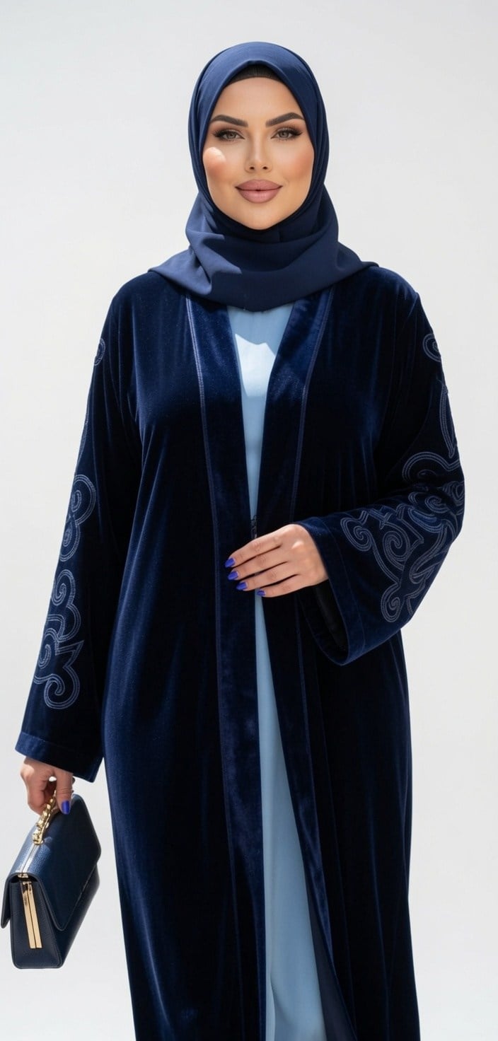 Lacivert Japon Kadife Oryantal Desen Kollar Nakış İşlemeli Bilek Şeritli Abaya