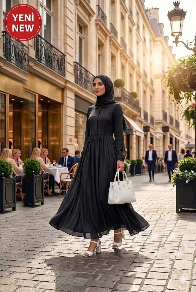 Lumière Royale Premium Siyah Fransız Şifon Tesettür Abiye Elbise