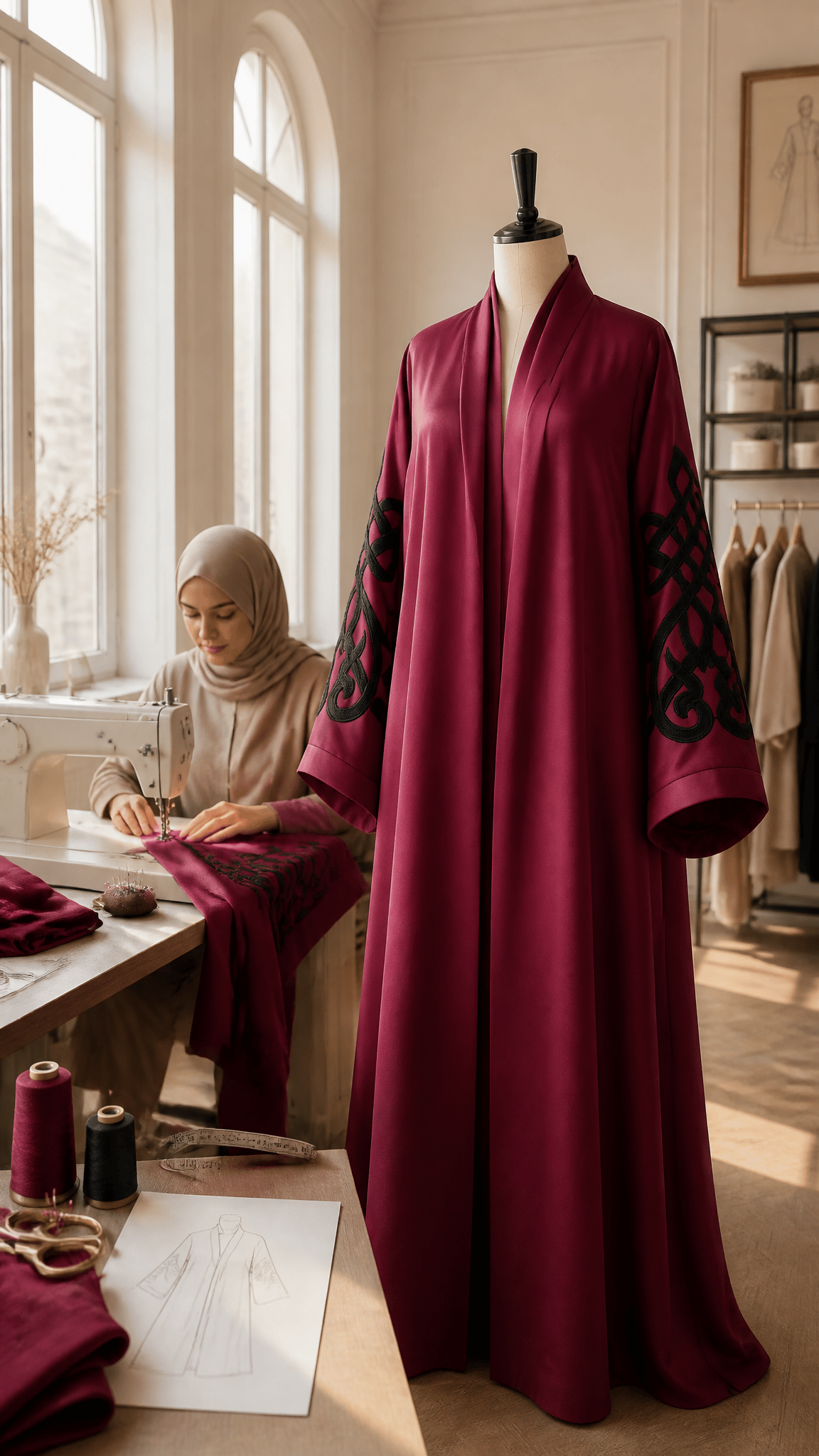 Muslima Bordo Saten Abaya