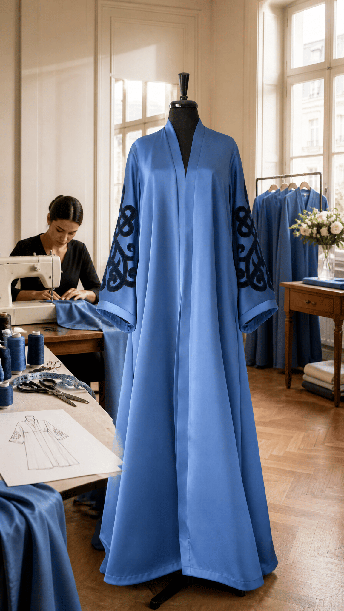 Muslima Gümüş Mavisi Saten Abaya