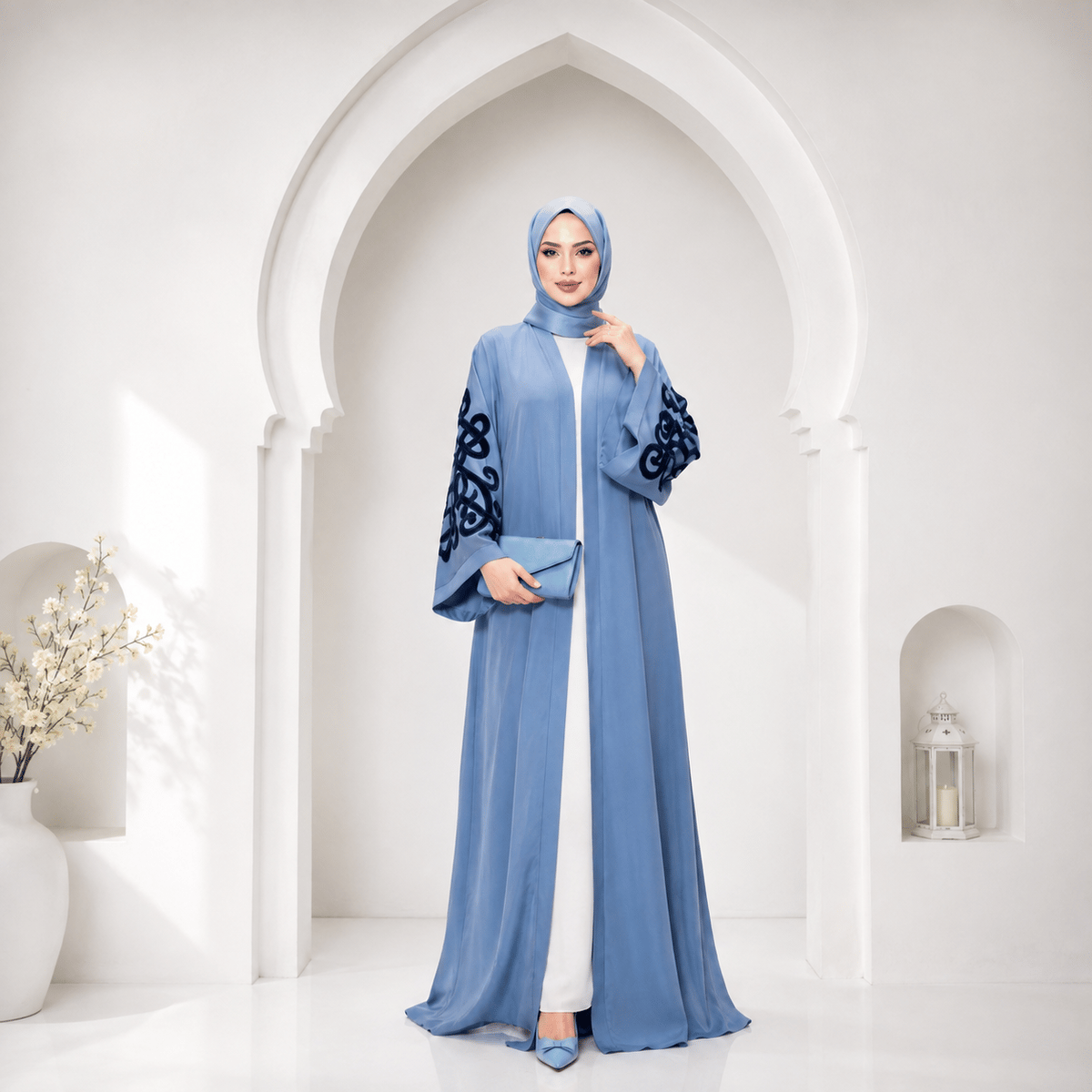Muslima Gümüş Mavisi Saten Abaya