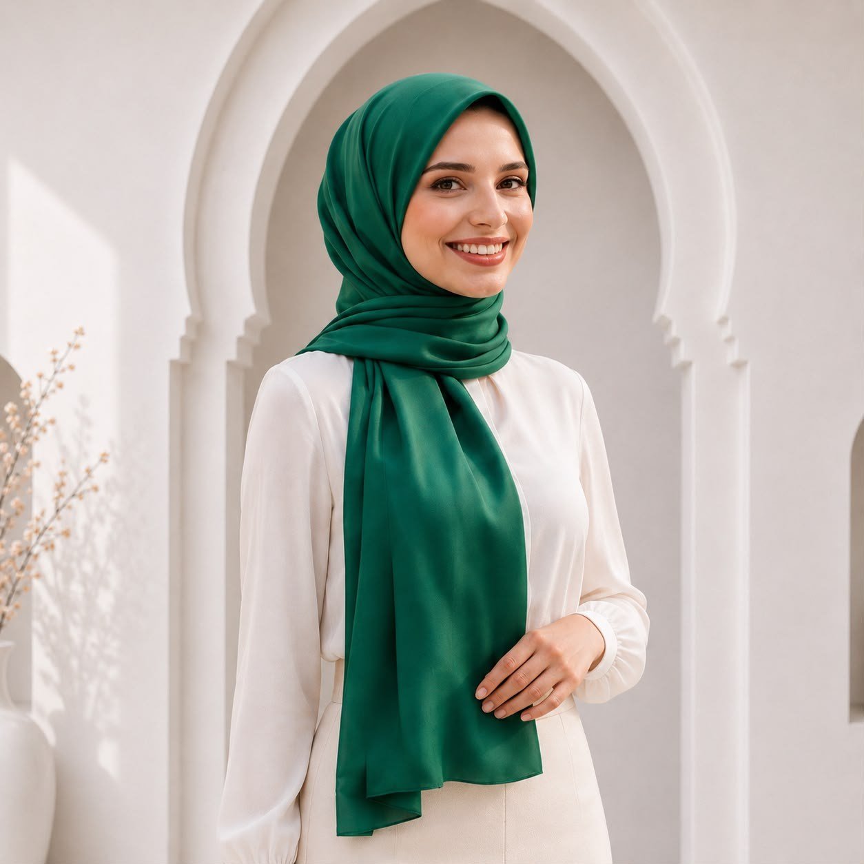 Muslima Zümrüt Yeşili Fransız Şifon Kumaş Şal