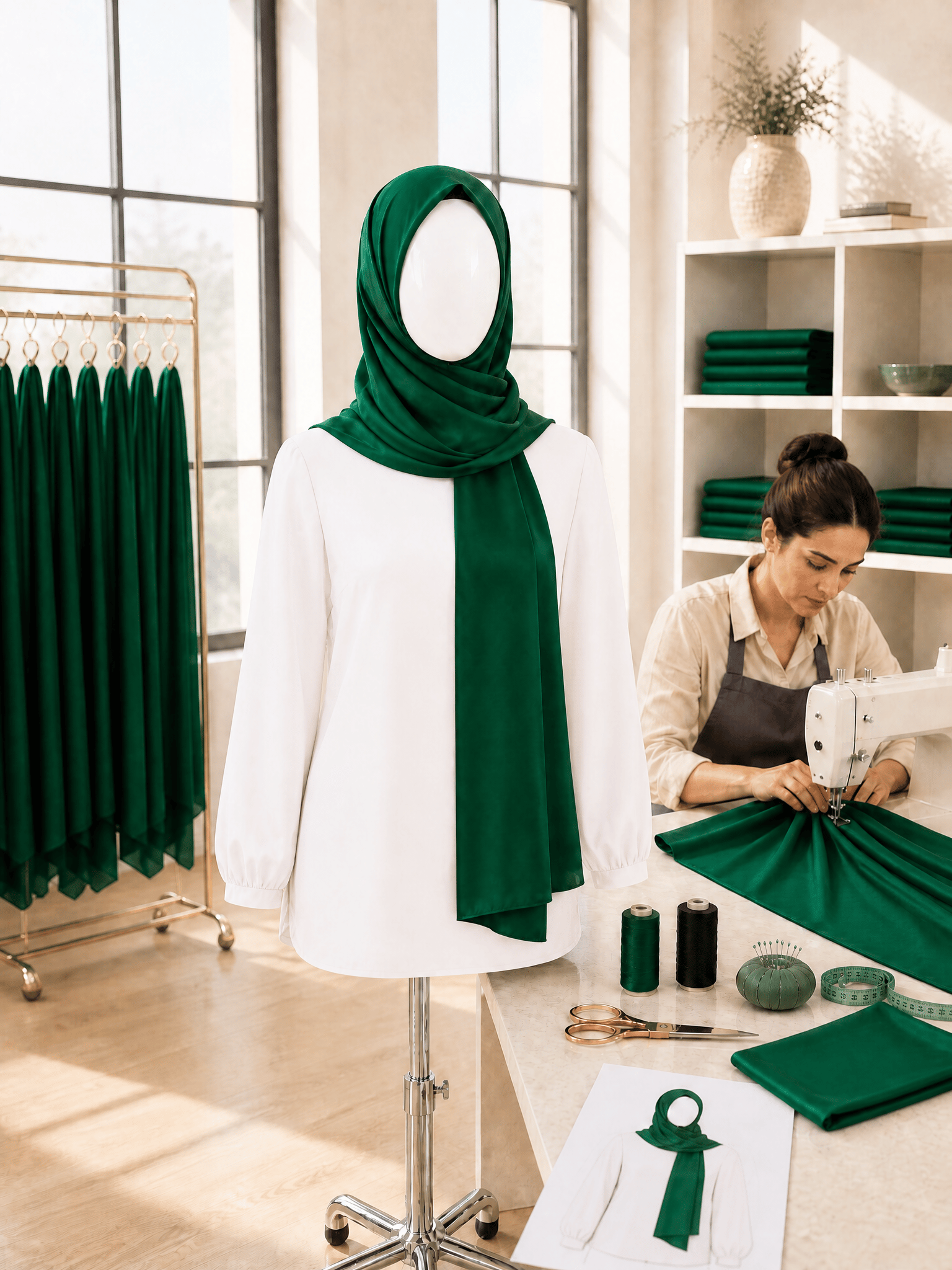 Muslima Zümrüt Yeşili Fransız Şifon Kumaş Şal