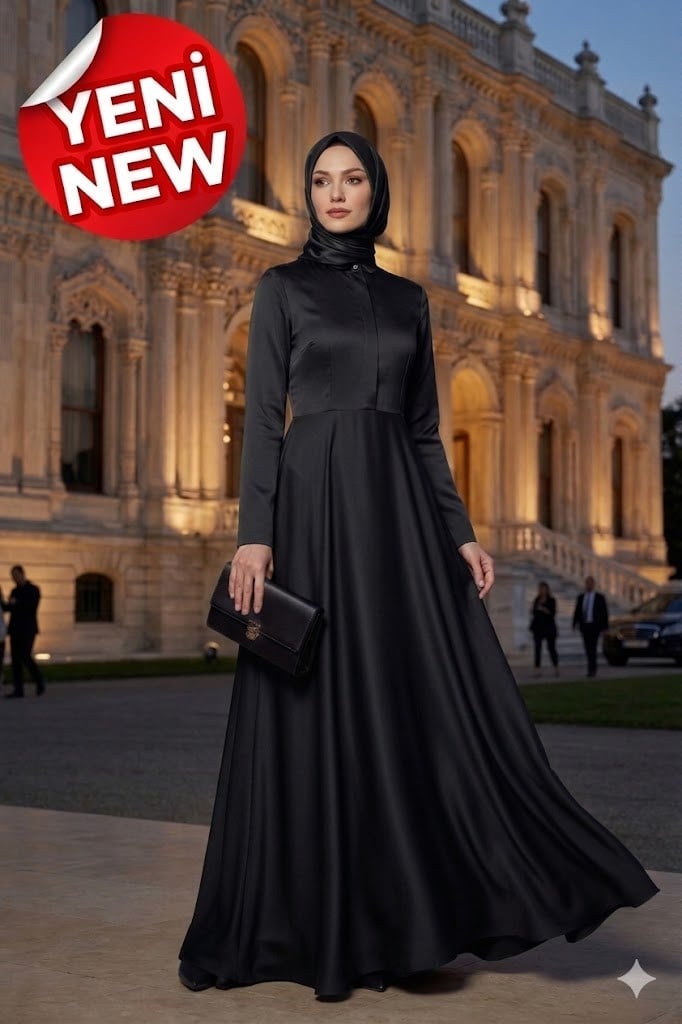 Noir Elegance Premium Siyah Fransız Şifon Tesettür Abiye Elbise