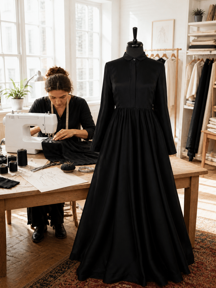 Noir Elegance Premium Siyah Fransız Şifon Tesettür Abiye Elbise