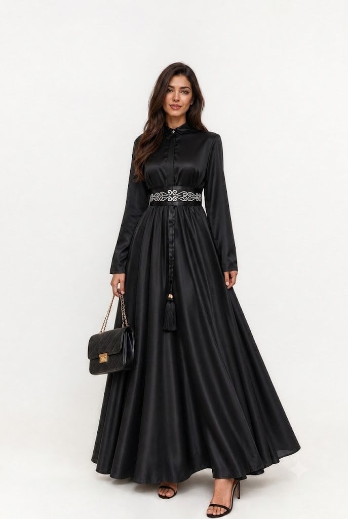 Noir Elegance Premium Siyah Fransız Şifon Tesettür Abiye Elbise