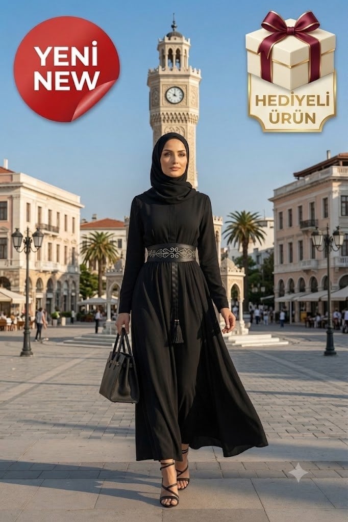 Noir Elegance Premium Siyah Fransız Şifon Tesettür Abiye Elbise