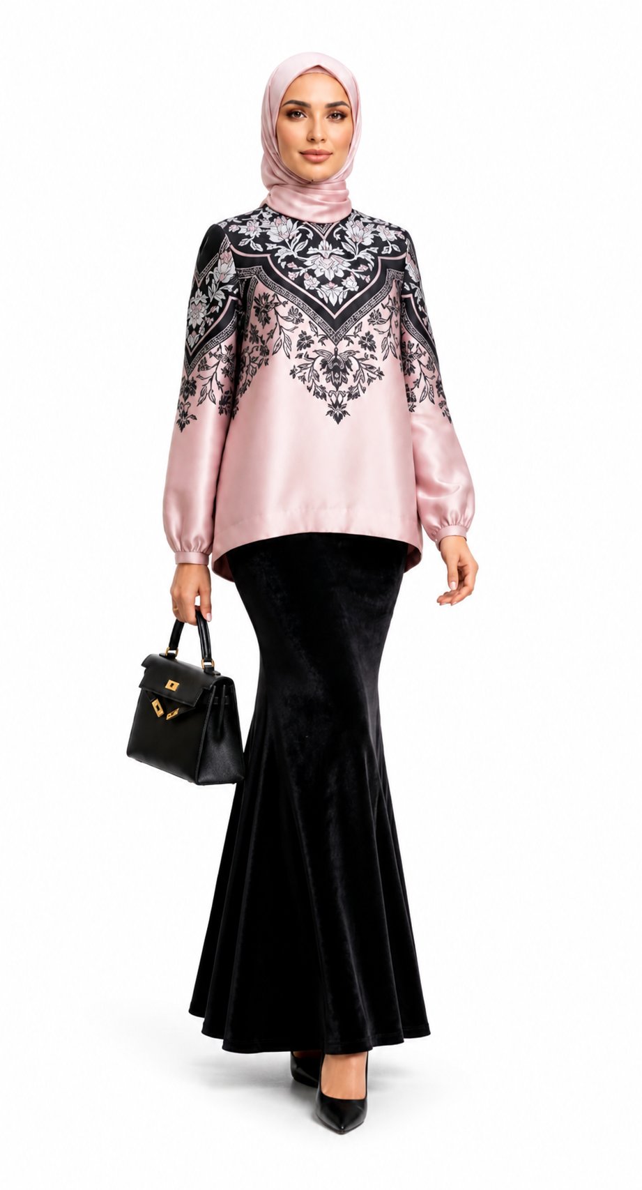Pembe Siyah Yaprak Desenli Ayarlanabilir Bilekli Jasmine Bluz