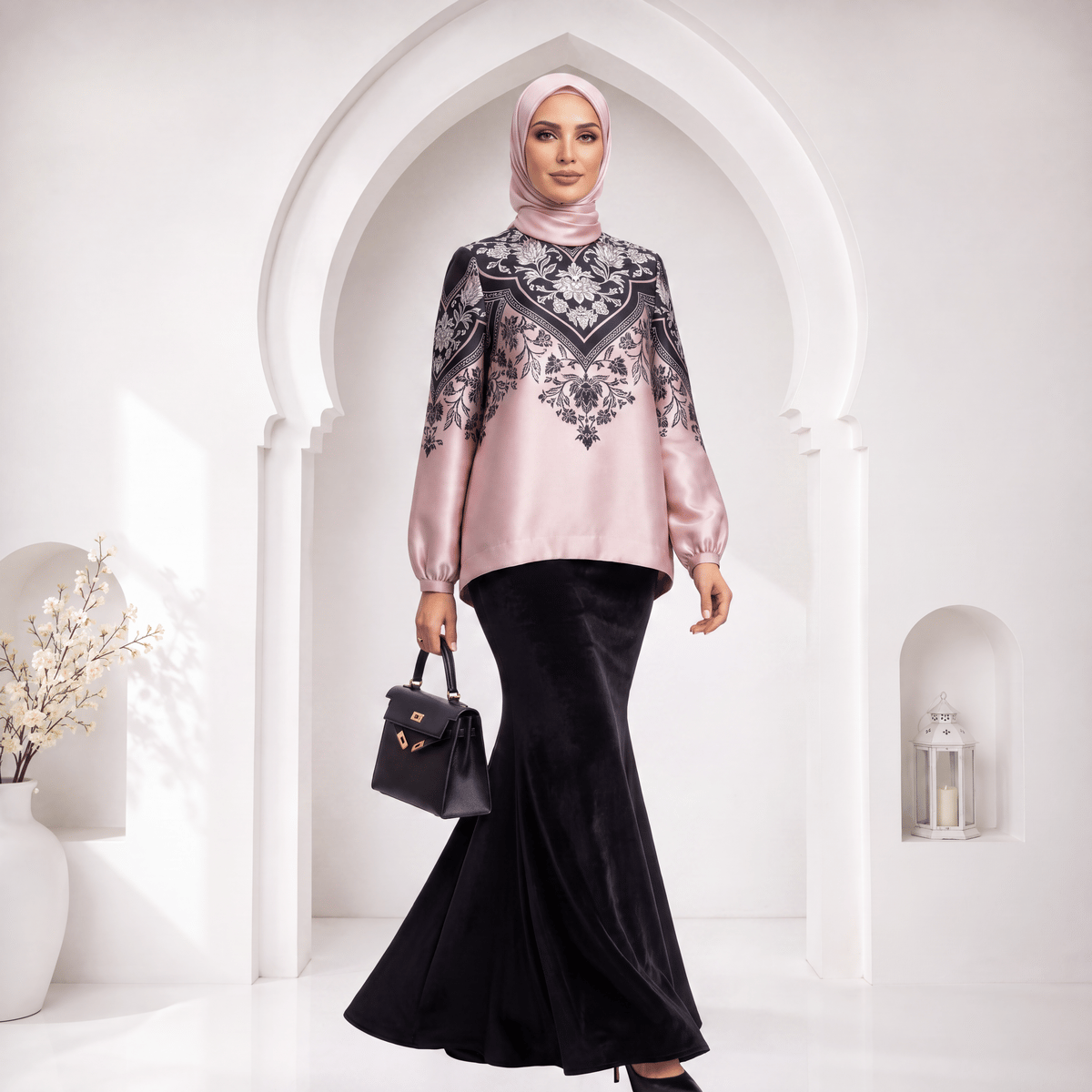 Pembe Siyah Yaprak Desenli Ayarlanabilir Bilekli Jasmine Bluz