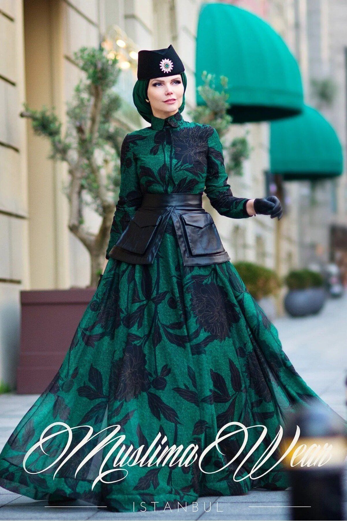 Peony Green Polo Yaka Siyah Yaprak Desenli Tüllü Şifon Elbise