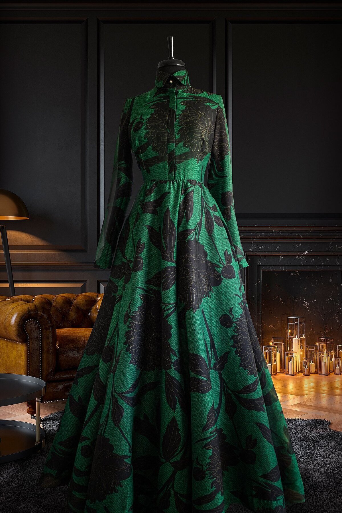 Peony Green Polo Yaka Siyah Yaprak Desenli Tüllü Şifon Elbise