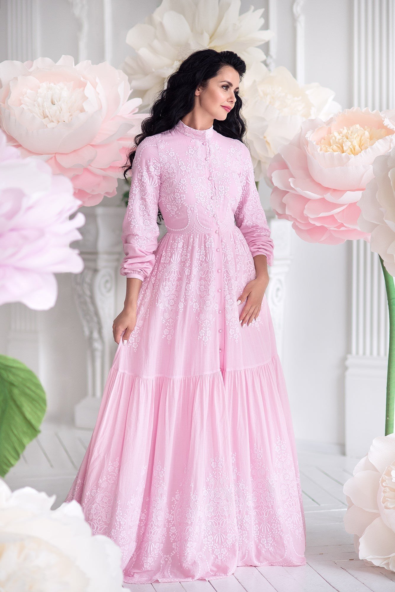 Perla Rosa İnci Düğmeli Pembe Gül Desenli Kadın Elbisesi