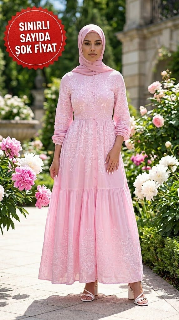 Perla Rosa İnci Düğmeli Pembe Gül Desenli Kadın Elbisesi