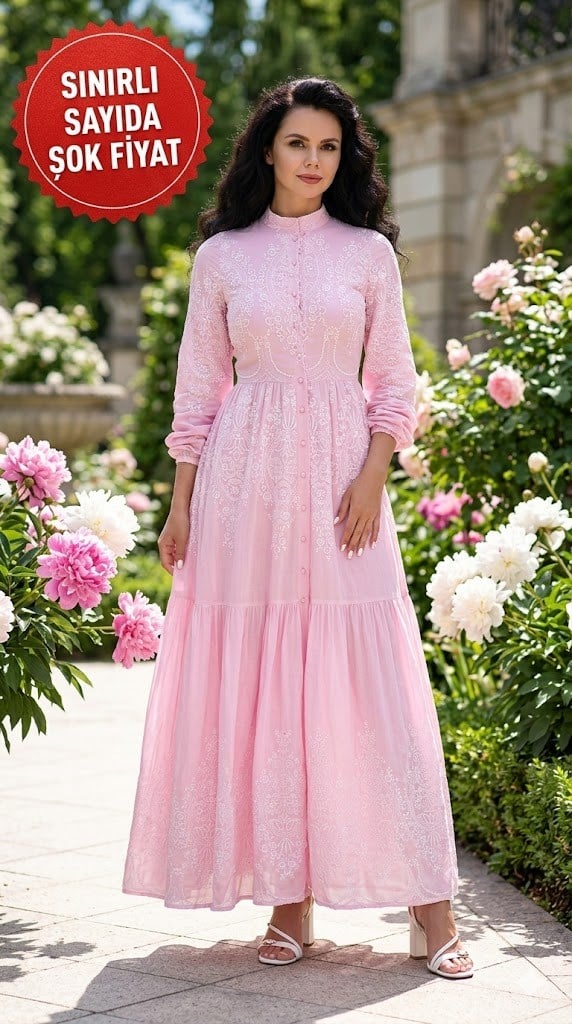 Perla Rosa İnci Düğmeli Pembe Gül Desenli Kadın Elbisesi