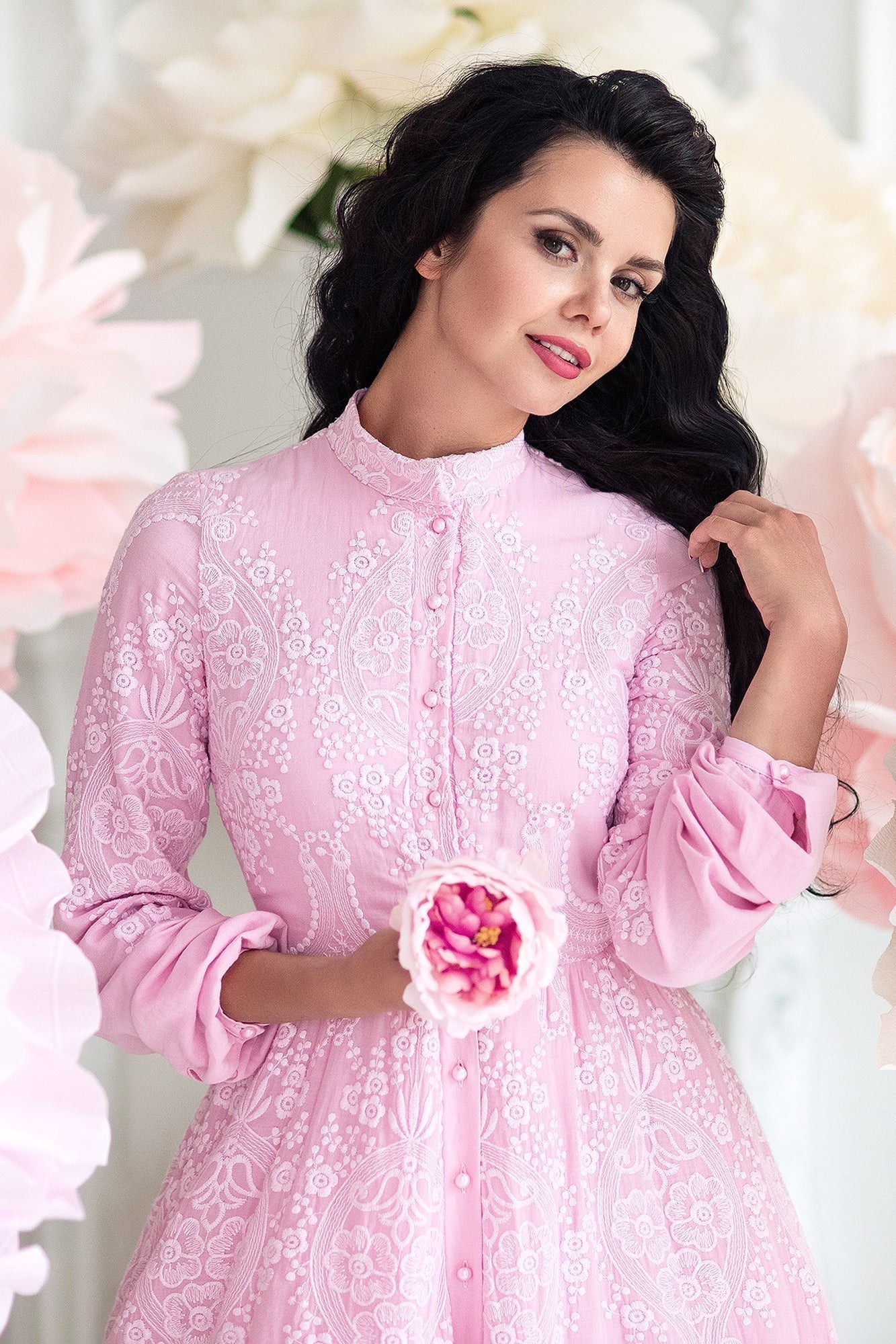 Perla Rosa İnci Düğmeli Pembe Gül Desenli Kadın Elbisesi