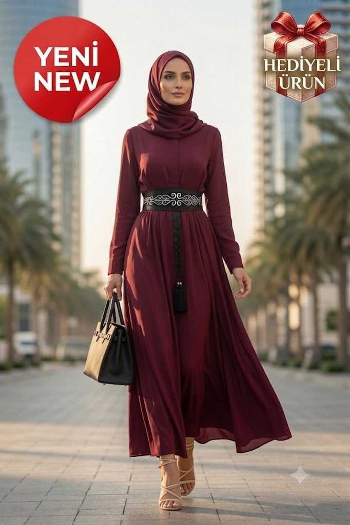 Rosalie Couture Bordo Fransız Şifon Tesettür Abiye