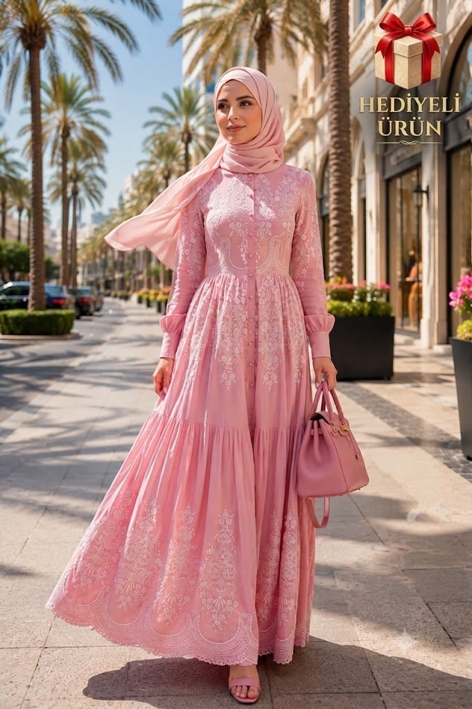 Rose Dream Inci Düğmeli Pembe Gül Desenli Kadın Elbisesi