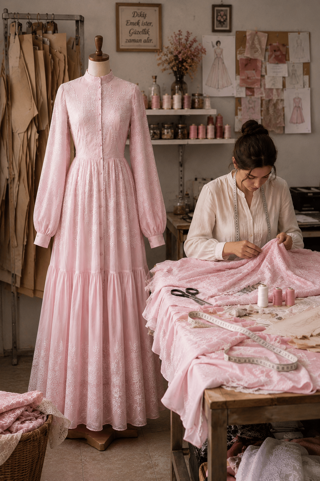 Rose Dream Inci Düğmeli Pembe Gül Desenli Kadın Elbisesi
