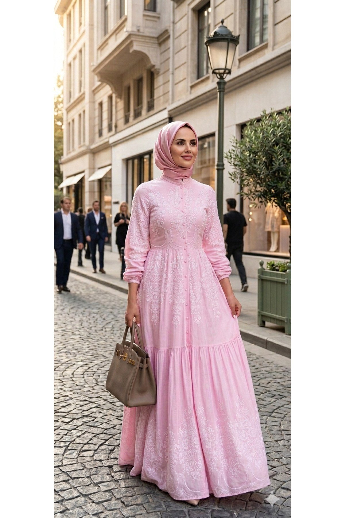 Rose Dream Inci Düğmeli Pembe Gül Desenli Kadın Elbisesi