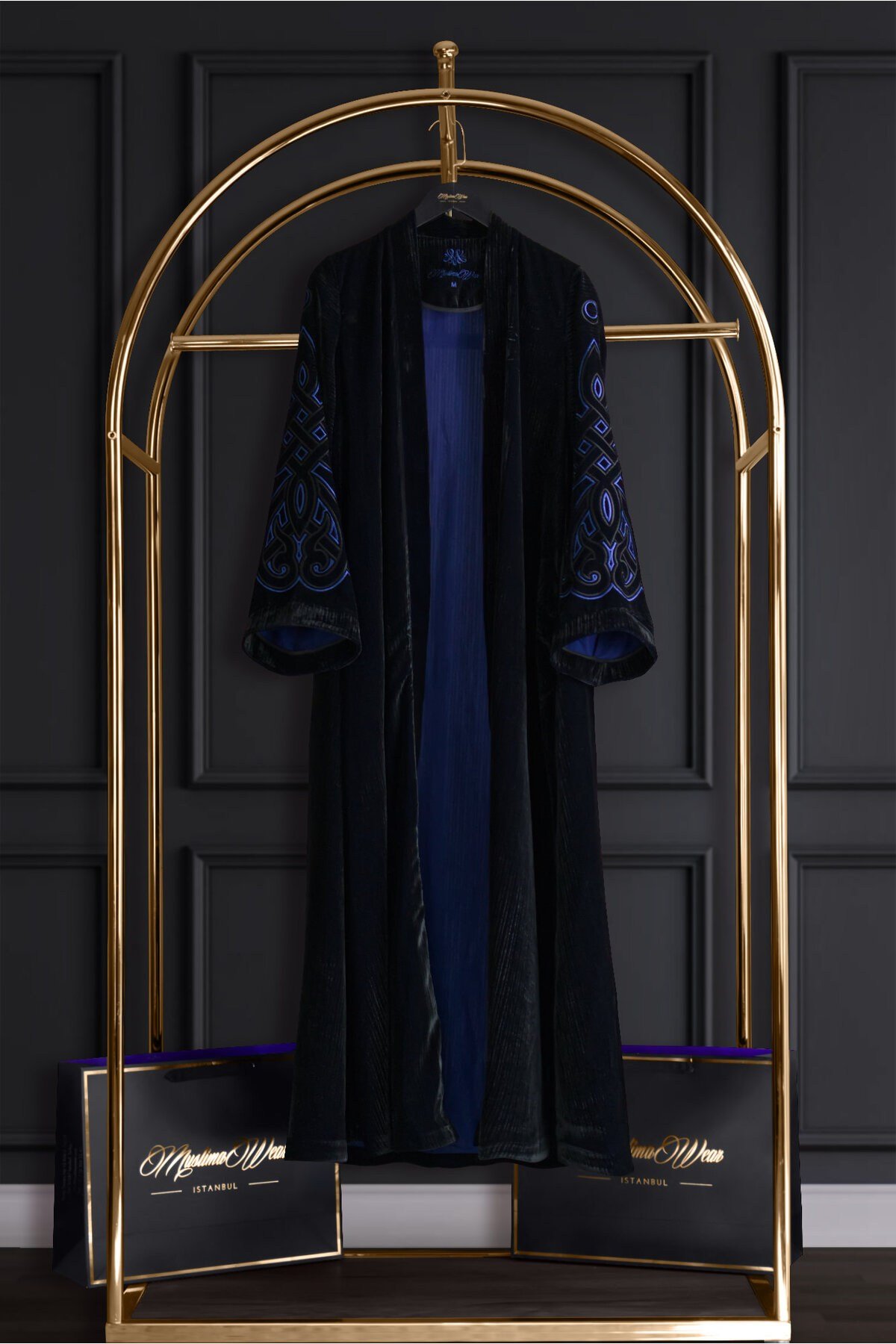 Saks Mavisi Japon Kadife Oryantal Desen Kollar Nakış İşlemeli Bilek Şeritli Abaya