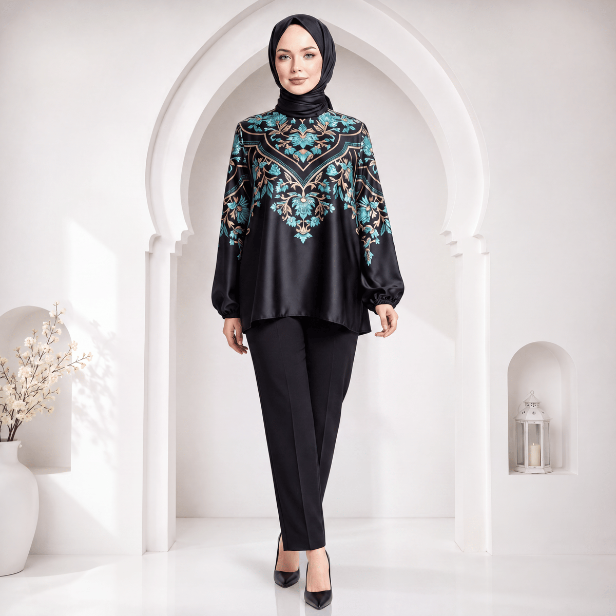 Siyah Gold Yaprak Desenli Jasmine Bluz
