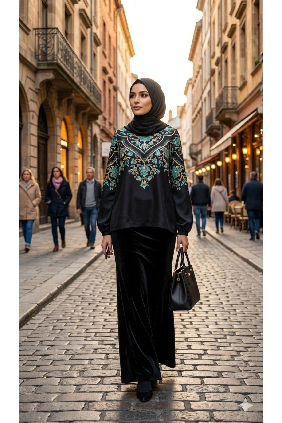 Siyah Gold Yaprak Desenli Jasmine Bluz