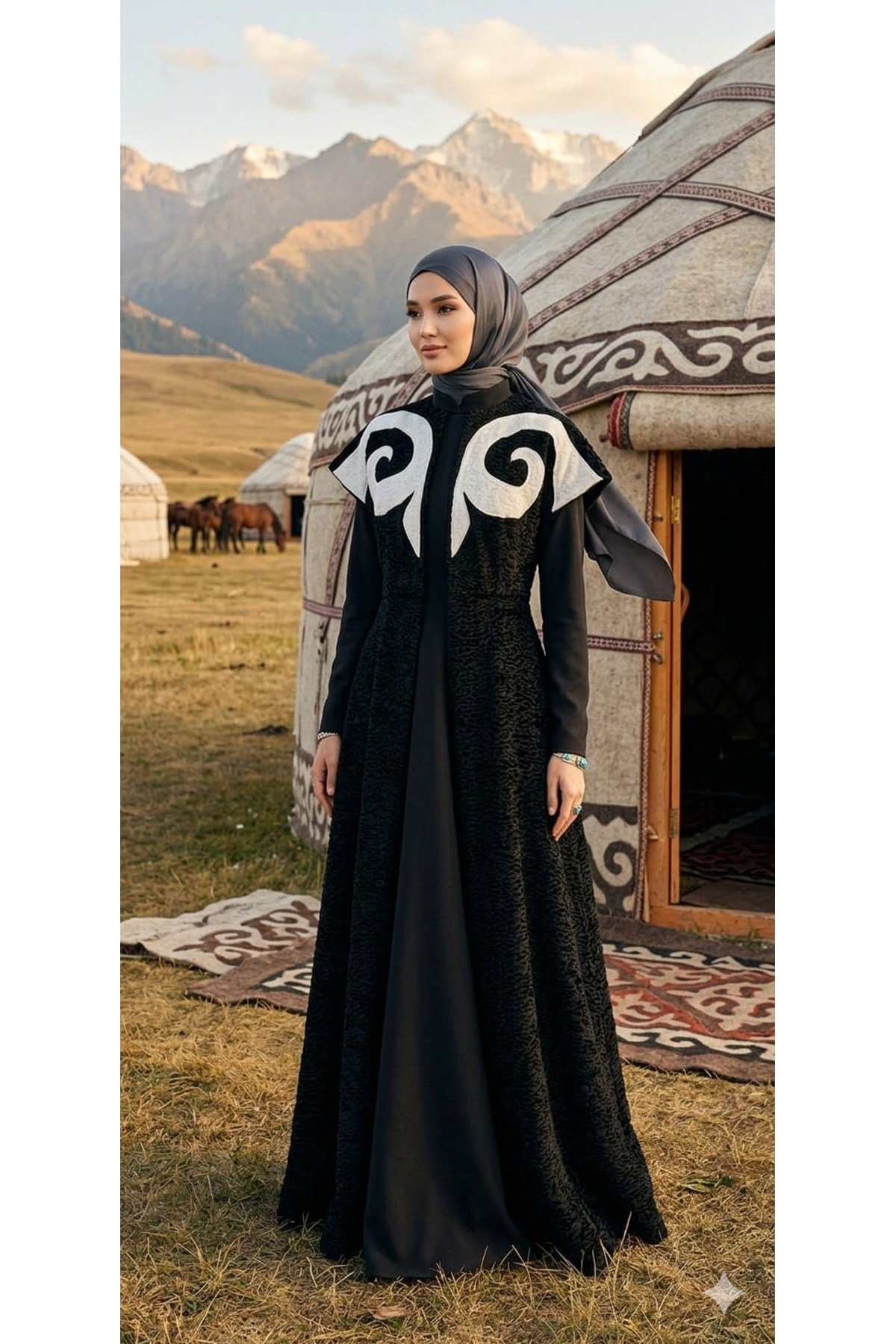Tomiris Siyah Modern Desenli Yün Yelek