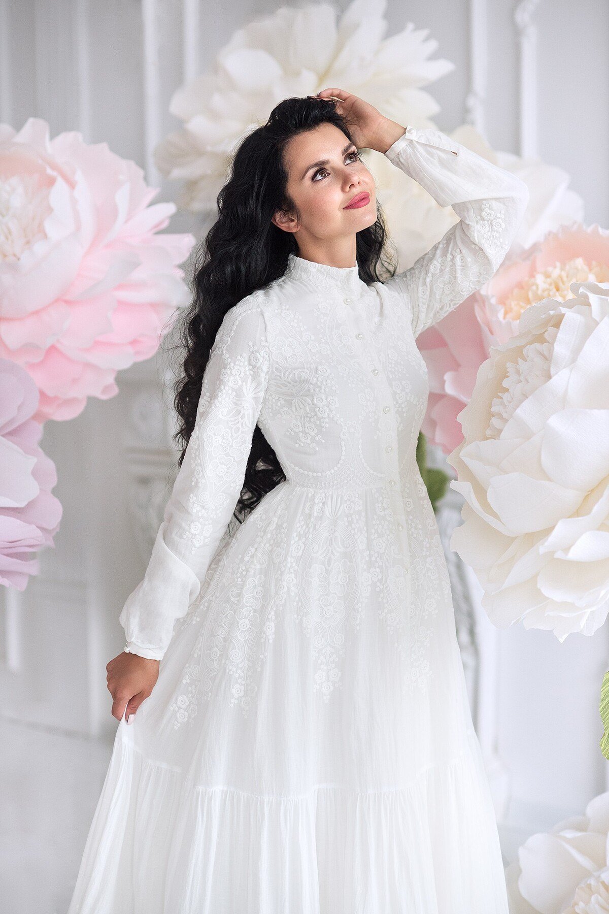White Dream Çiçek Desenli Inci Düğme Detaylı Kadın Elbisesi