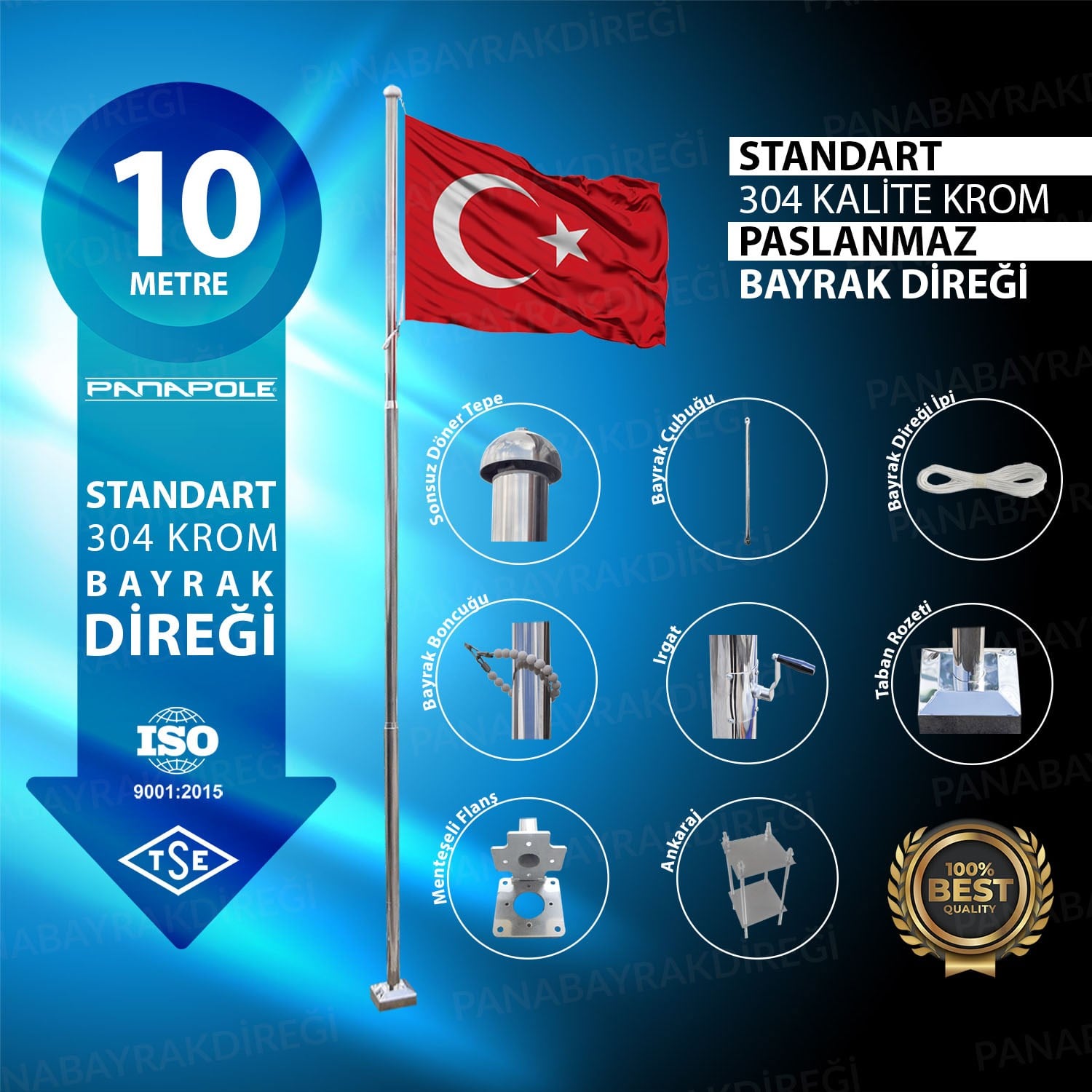 10 Metre İnox 304 Kalite Paslanmaz Krom Çelik Standart Bayrak Direği