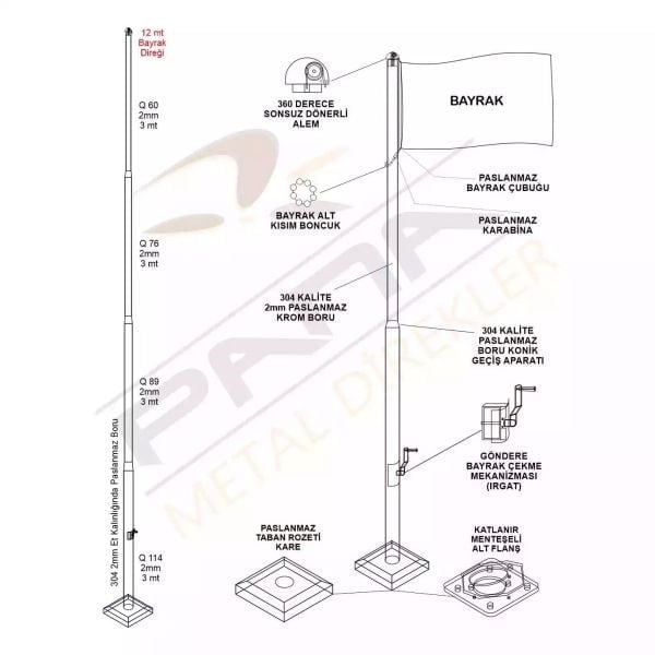 12 Metre İnox 304 Kalite Paslanmaz Krom Çelik Profesyonel Bayrak Direği