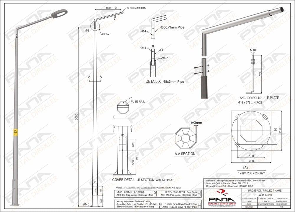 6 Metre Tek Konsol AD1 60 10 Konsol Boyu 1 Metre Yeni Tedaş Galvaniz Poligon Sokak Aydınlatma Direği